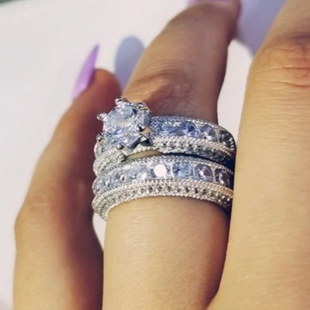 *NEW Sterling Silver Diamond Engagement Ring Set